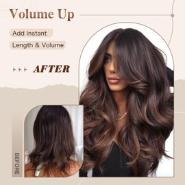 Ombre Brown Highlight Long Layered Wavy Wig with Bangs for Women Synthetic Dark Brown Mix Highlight Blonde Body Wave Curtain Bang Wig Long Layered Haircut for Black and White Women Daily Use 24Inch