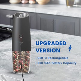 UNNEES Rechargeable Electric Salt and Pepper Grinder set of 2, gravity electric salt and pepper grinder set, Adjustable Roughness, LED Light, 2 Pack, (Black&White)