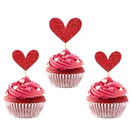 24Pcs Glitter Love Heart Cupcake Toppers for Valentine's Day Decorations, Love Heart Valentine's Day Cupcake Toppers for Wedding Bridal Shower Party Decorations (Red)