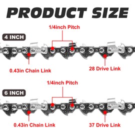 KASESSS 4 Pack Mini Chainsaw Chain, 4 Inch and 6 Inch, 043" Gauge, 1/4" LP Pitch, Manganese Steel Guide Saw Chain Replacement for Tree Trimming Mini Chainsaws (28 Drive Links and 37 Drive Links)