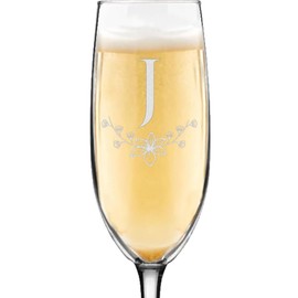 shop4ever Floral Initial Letter Monogram Laser Engraved Champagne Flute Glass 8 oz. with a Gift Box Flower Theme Monogrammed Gift for Her (J)