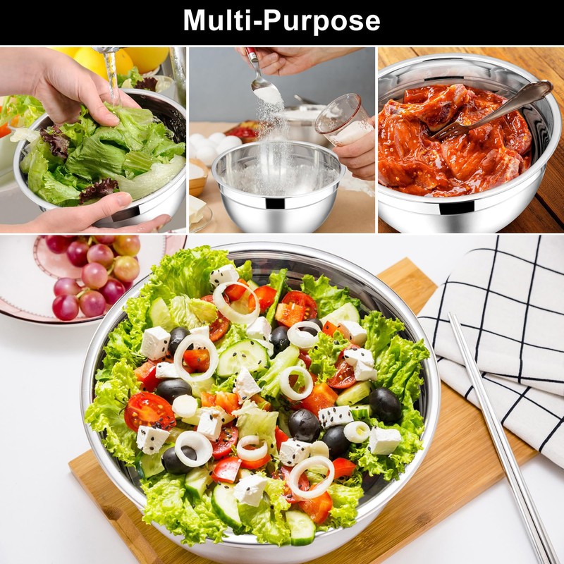 E-far Mixing Bowls with Lids, 6-Piece Stainless Steel Salad Bowls