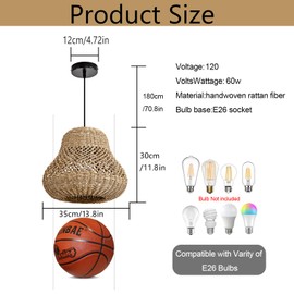 LISLIBE 13.8" Boho Rattan Pendant Lights, Wicker Hanging Light Woven Pendant Light Kitchen Island Farmhouse Rattan Chandelier Light Fixtures for Dining Room Bedroom Restaurant Foyer Entryway