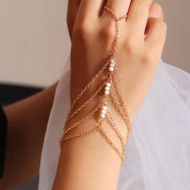 Aneneiceera Boho Layered Chain Bracelet Finger Chain White Bead Link Wrist Chain Harness Hand Chain Gold Layered Slave Bracelet Vintage Multi-layer Bracelet Jewellery for Women Girls