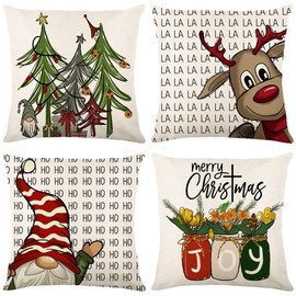 OTOSTAR Christmas Decorations Pillow Covers 18x18 Inch Set of 4 Gnome Deer Rustic Winter Holiday Throw Pillowcases Farmhouse Christmas Decor Xmas Tree Cushion Cases for Home Couch Sofa Decor (Joy)