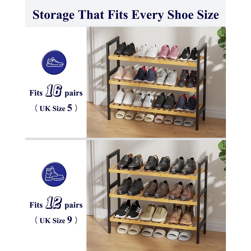 Bamboo Shoe Rack for Entryway, 27.5" x 9.8" x 25.6",