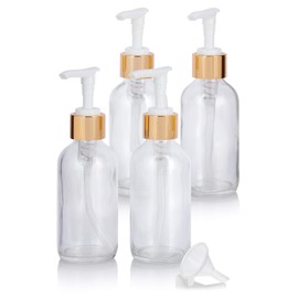 JUVITUS 4 oz Clear Boston Round Thick Plated Glass Bottle with Gold Lotion Pump (4 Pack) + Funnel