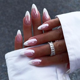 French Tip Press on Nails with Aurora Designs Glossy Plating Medium Almond Fake Nails Chrome False Nails Full Cover Acrylic Nails White Stick on Artificial Fingernails for Women Girls Manicure 24pcs