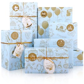 MAMUNU Birthday Wrapping Paper, 6 Sheets Metallic Gold Birthday Gift Wrap for Children, Happy Birthday Wrapping Paper with Sticker Tags, Gift Wrapping for Birthday Baby Shower 70 x 50 cm