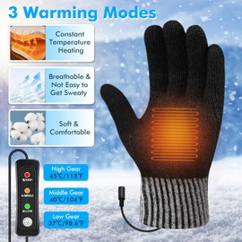 USB Heated Gloves, Double-Side Heated Knitted Wool USB Hand Warmer Gloves with Touchscreen Fingers & 3 Adjustable Temperature Washable Laptop Gloves