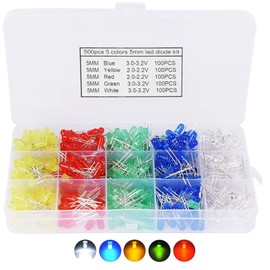 AQSQWQ Pack of 500 5 mm LED Light Emitting Diodes, LED Diodes 3 V Light Diode Assortment Kit Round Head 2 Pin Extra Bright LED Light, Diffuse Diodes Set, 5 Colours Red Blue Yellow Green White