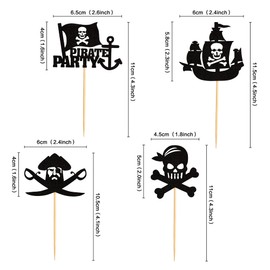 Ercadio Paquete de 24 adornos piratas para cupcakes, color negro con purpurina náutica, vela, diseño de pirata, fiesta de cumpleaños, decoración de tartas