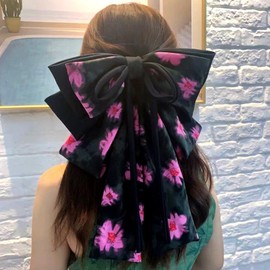 Oversized Hair Bows Clips for Women Girls Silk Satin Hair Barrettes, Vintage Streamers Bows Hair Ties Ribbon Bow Claw Clip Hair Accessories (Black)