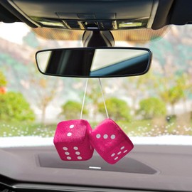 WINUERK Pair Fuzzy Dice for Rear View Mirror, Retro Hanging Dice for Car Mirror, Rose Car Interior Dice Vintage Plush Dice, Universal Car Mirror Hanging Accessories Square Dice Fit Car Home & Office