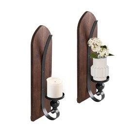 Wall Candle Sconces Set of Two, Brown Wall Mounted Metal and Wooden Wall Candle Holders, Farmhouse Candle Sconces for Bedroom, Fireplace