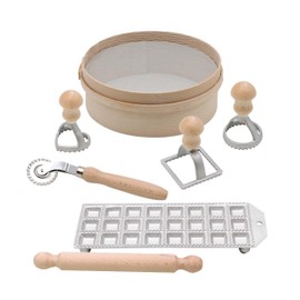 Bisetti 7 Piece Complete Pasta Kit for Ravioli Including: Rolling Pin, Ravioli Tin, Ravioli Stamps, and Pasta Cutting Wheel
