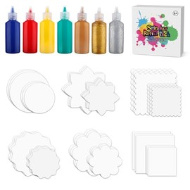 Hewaurorion Spin & Paint Refill Pack is for Arts & Crafts Painting Spinner Toys, Set of 36 Cardboard Pieces in 6 Unique Shapes, 2 Different Sizes, 3 Pieces Each - 7 Bottles of Colored Paint