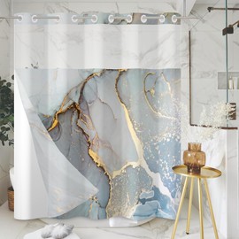 TYLCLTX Blue Gold Marble Liner Set Modern Contemporary Crack Ink Texture Double Layers No Hook Shower Curtain with Snap in Liner Waterproof and See-Through Top Window Bathroom Decorative 71x83 inch