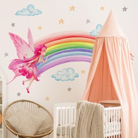 WandSticker4U® - Wall Sticker Rainbow Fee I Wall Picture: 120 x 80 cm I Wall Sticker Spring Summer Fairy Pink Clouds Stars Colourful I Wall Sticker Baby Room Children's Room Girls & Boys Decoration