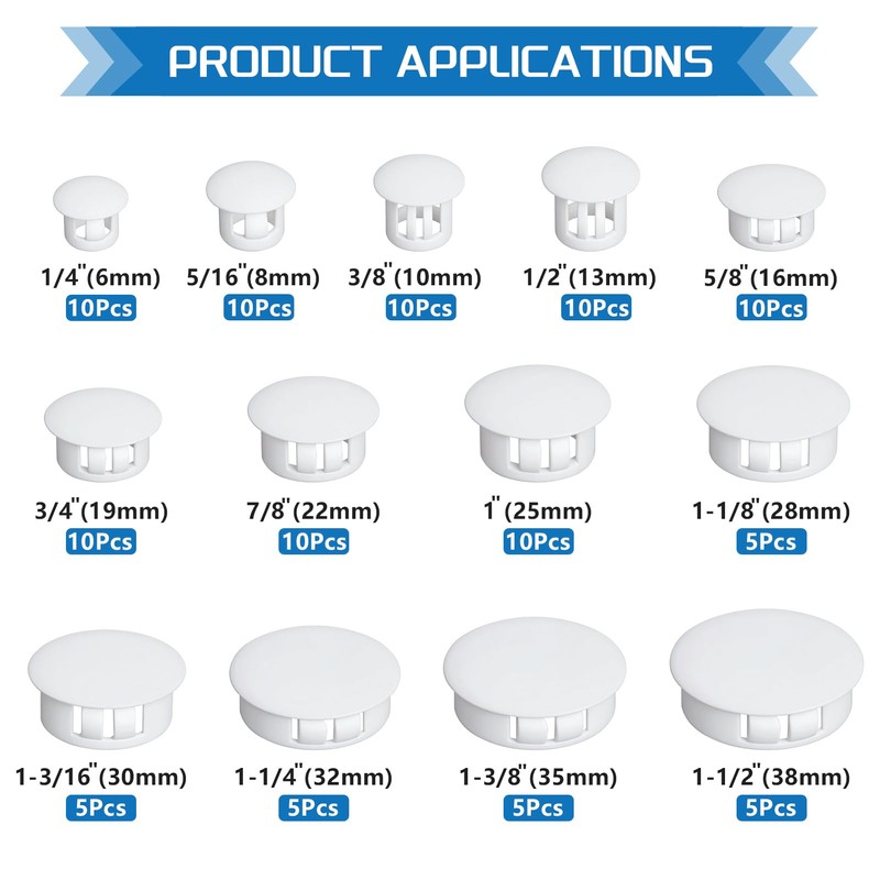 White Nylon Plastic Hole Plugs Assorted 13Values 1/4" 5/16" 3/8"