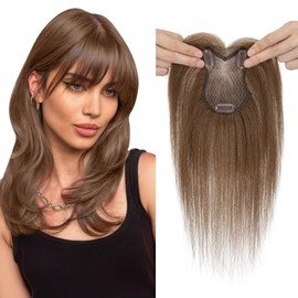 Elailite Real Human Hair Topper With Fringe Hand Tied Silk Base (8x11cm) Hair Toppers For Thinning Hair Women UK - #04 Medium Brown - 11 Inch