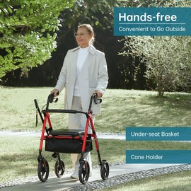 ELENKER Rollator Walker with 10” Wheels, Sponge Padded Seat and Backrest, Fully Adjustment Frame for Seniors, Red