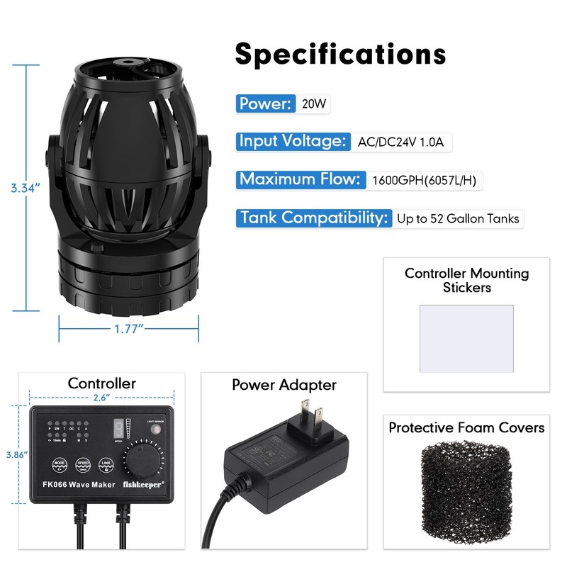 fishkeeper Aquarium Wave Maker, 1600GPH Adjustable Submersible Aquarium Powerhead with