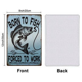 SUPERDANT Blechschild Zum Angeln Fische Und Haken Metallschild Born To Fish Forced To Work Retro Blechschilder Vintage Metallschilder Für Bar Männerhöhle Dekoration Anglergeschenk