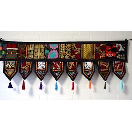 CRAFT KALA Indian Vintage Patchwork Door Cotton Bohemian Ethnic Topper Valances Window Valances Wall Hanging Boho Home Decor Hand Embroidered Toran Hippie Living Room Decor (Black, 1 Meter)