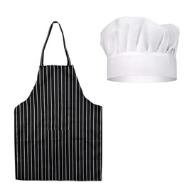 ASIRYVA 2 PCS Apron and Chef Hat Set,Adjustable Black and White Stripped Apron and White Chef Hat for Unise,Professional Chef Outfit Set Suitable for Home Kitchen, Restaurant,Gardening, Cafes House