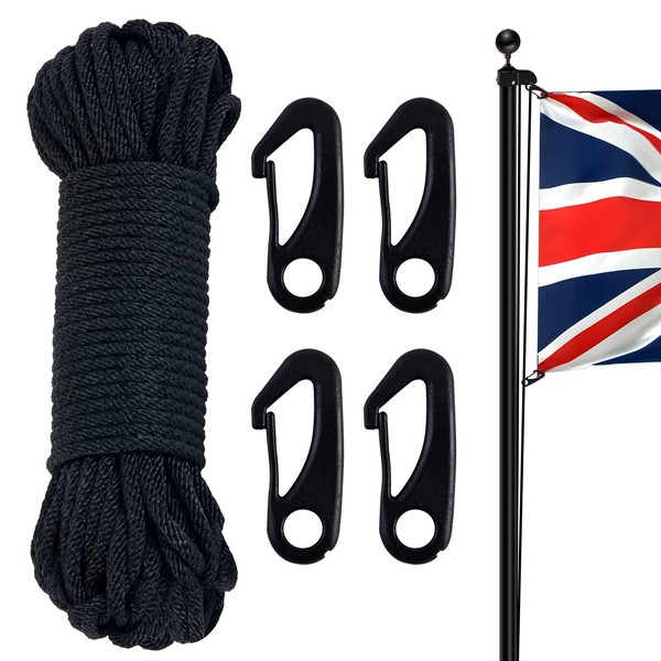 NQ Flag Pole Rope with Flag Pole Clip, 50FT/ 15M Nylon Flag Rope with 4 Pcs Flag Pole Clip Hooks, Flag Pole Halyard Rope Kit, Nylon Cord for Outdoor, Camping, Swing, Clothesline, Garden(Black)
