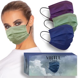 VIRTUE CODE Support Face Masks - Soft 3 Ply Comfort Colorful Disposable Face Mask 50 Pack. Blue Purple Green Colored Masks. Adults Mens and Womens Disposable
