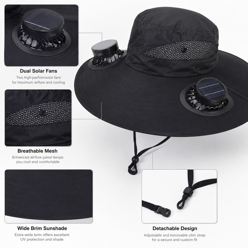Solar Fan Wide Brim Hat for Outdoor Cooling – Polyester
