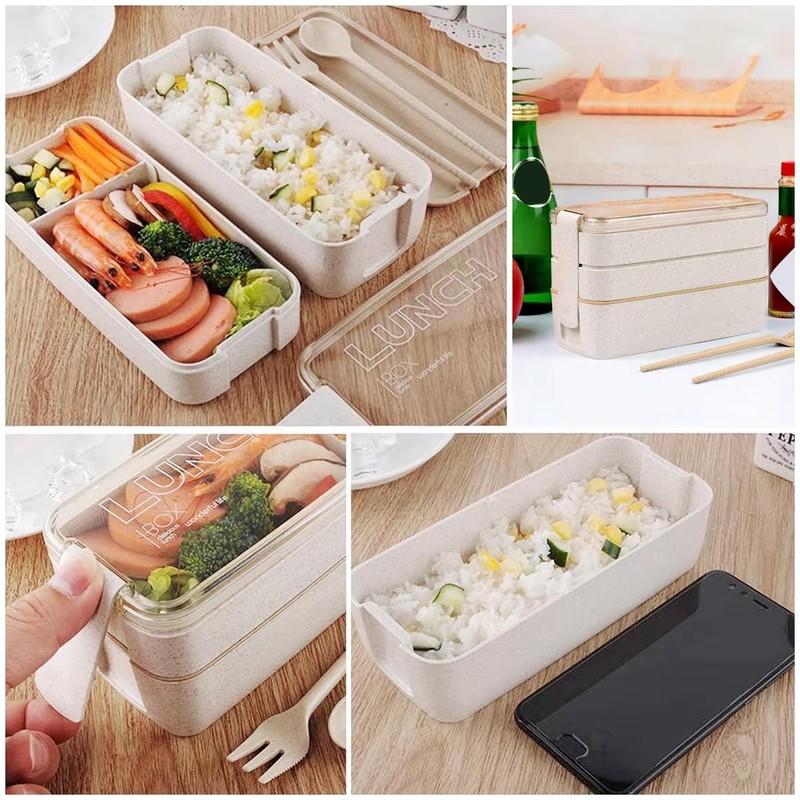 Mejiwasmi Portable Bento Box, 3-layers Lunch Box, 900ML Wheat Straw