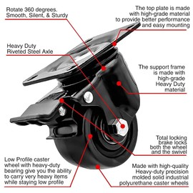 FactorDuty 2.5 inch Heavy Duty Polyurethane Caster Wheels with Total Locking Brake Double Ball Bearing Industrial Grade Solid Low Profile Smooth and Silent 6000LB Capacity Pack of 12