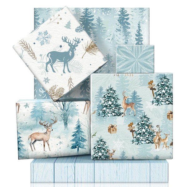 Christmas Wrapping Paper Blue, Reindeer Snowflakes Christmas Tree Print Winter