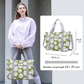 Waterproof Travel Duffle Bag for Women Weekender Overnight Carry On Crossbody Tote Bag Shoulder Bags with Laptop Compartment(Green with Beige Polka Dots)