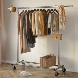 GREENSTELL Clothes Rack with Cover, Adjustable Garment Rack with Wheels, Heavy Duty Clothing Rack with Extendable Hanging Rail and Two Hooks, Commercial Grade Rolling Clothing Coat Rack (67x66x21 in)
