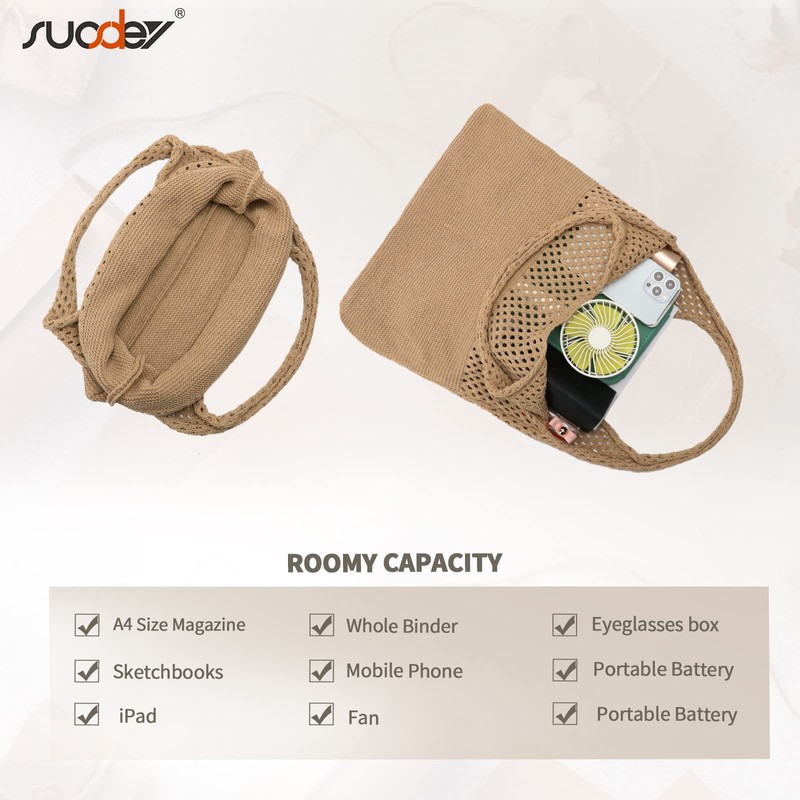 SUOSDEY Crochet Mesh Beach Tote Bag, Summer Vacation Aesthetic Knit