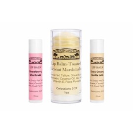 Juego de regalo de bálsamo labial totalmente natural (paquete de 3), sebo alimentado con pasto, manteca de karité y miel, pastel de fresa, malvavisco de coco tostado (1 onza