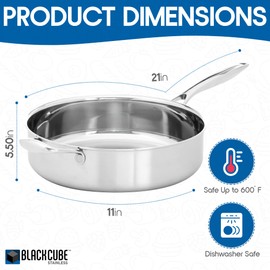 Black Cube Stainless Steel 4.5 QT Sauté Pan With Lid, 3 Ply Professional Grade Steel 11-Inch Pan, Sliver, Dishwasher Safe.