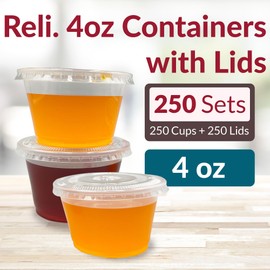 Reli. 4 oz Small Containers with Lids (250 Sets) | Jello Shot Cups with Lids | Clear Plastic Condiment Containers | Portion Cups, Sauce, Souffle | Stackable | Bulk