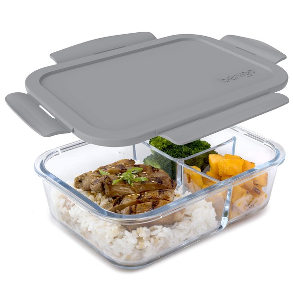Bentgo® Glass Lunch Box - Leak-Proof Bento-Style Food Container with Airtight Lid and Divided 3-Compartment Design - 5 Cup Capacity for Meal Prepping, and Portion-Controlled Meals for Adults (Gray)