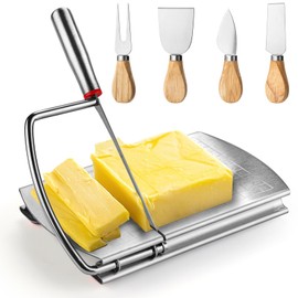 Cheese Slicer Cutter Stainless Steel Cheese Cutter Board with 4 PCS Cheese Knife set with Blade for Block Cheesewith Wooden Handle
