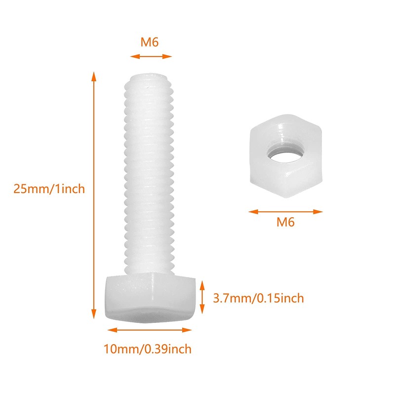 Piutouyar 20 Pair M6x25mm White Nylon Hex Bolts Plastic Hex
