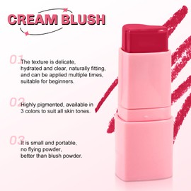 Boobeen Blush Cream Contour Stick, Multi-Use Makeup Blusher for Cheeks, Blendable, Lightweight Long-lasting Color Natural Blush Makeup Stick for Eyes Lips and Face, Matte and Dewy Finish