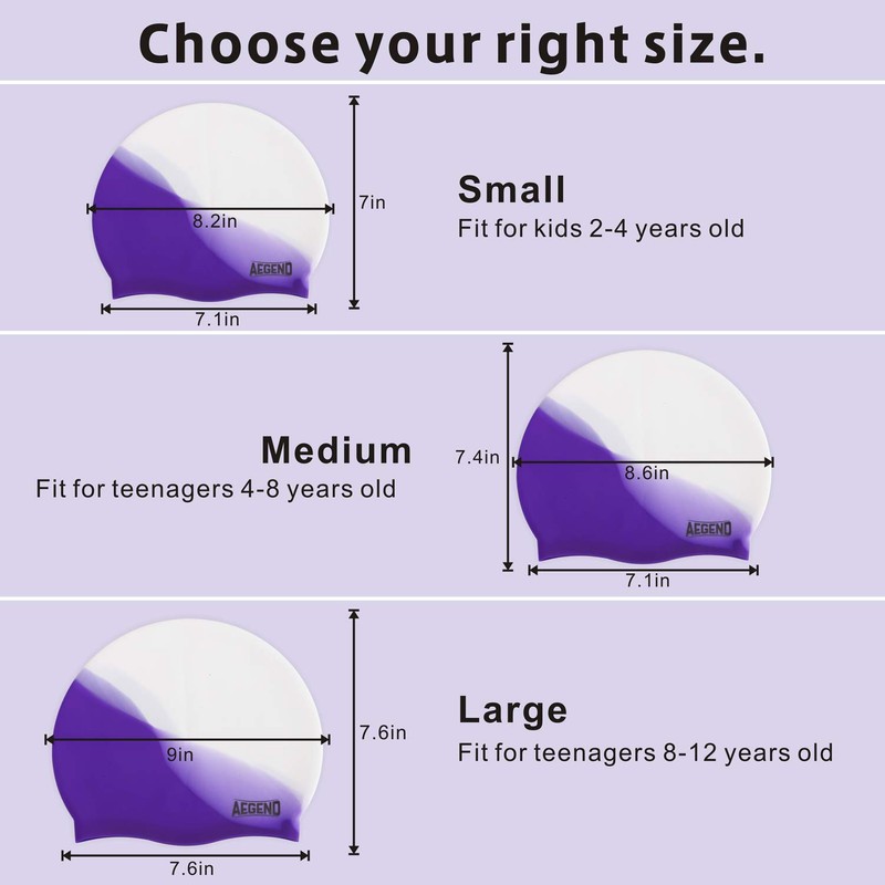 Aegend Kids Swim Cap (Age 8-12), 2 Pack, Purple &