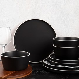 Zulay Kitchen Terra Stoneware Dinnerware Set, Artisanal Ceramic Plates and Bowls Set Crafted at 2300℉ - Service for 4, Black Matte with White Rim