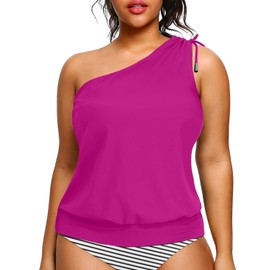 Women Plus Size Tankini Tops - 2025 Purple Blouson Tummy Control Swim Top Only One Shoulder Bathing Suit Top No Bottom 22W
