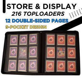 Premium Top Loader Binder for 216 Cards - 9 Pocket Double Sided Easy Flip Pages - Zipper-Enclosed Ringless Toploader Binder with Vintage Outer Cover - Quality Long Term Toploader Storage